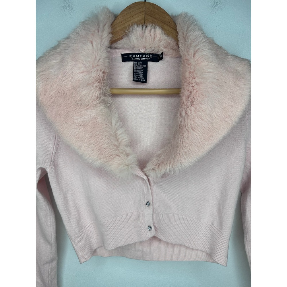 VTG Y2K Rampage Light Pink Faux Fur Collar Cropped Cardigan Small Paris Hilton - Picture 2 of 6